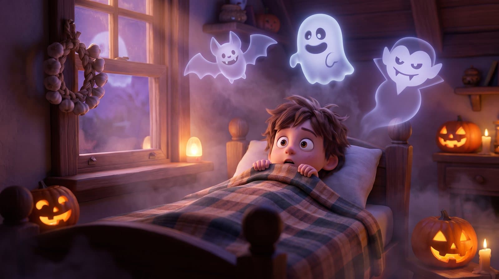A child peeks over the blanket as cartoon ghosts and bats dance through a bedroom, a garlic wreath on the window