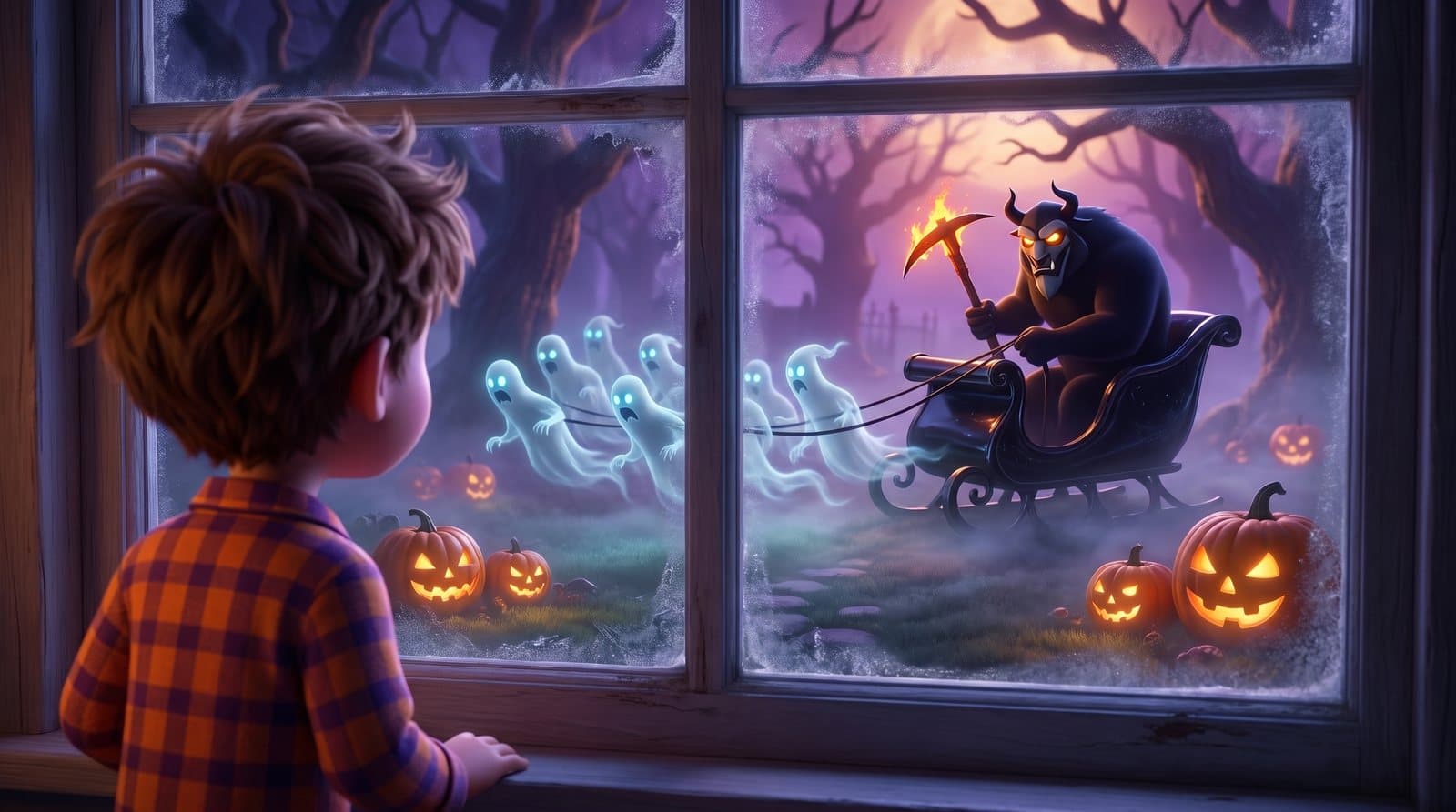 From a bedroom window, a child sees a shadowy beast with a fiery pickaxe in a black sleigh pulled by eight ghostly wraiths
