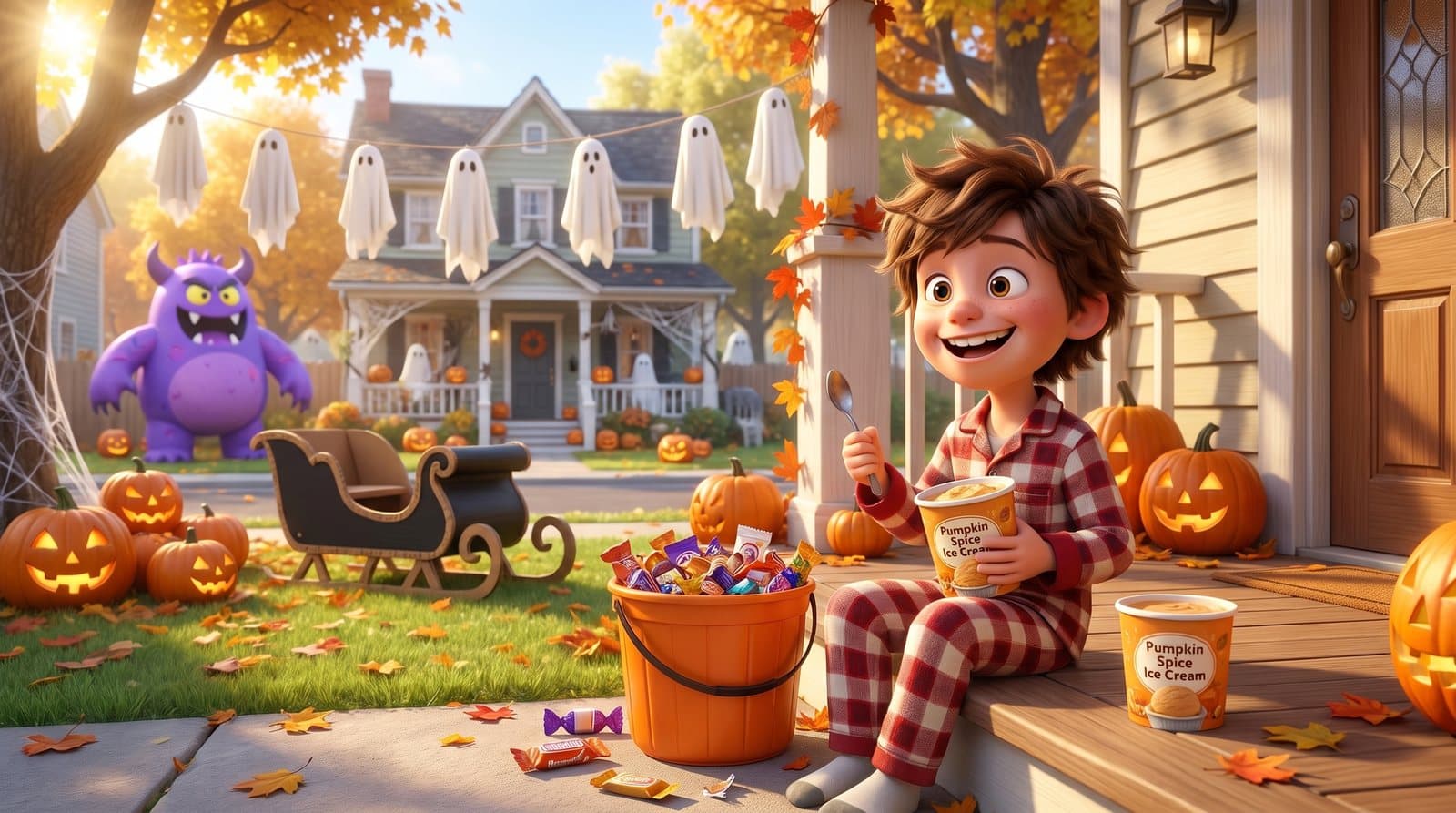 The next morning, the child sits on the porch with a bucket of candy and pumpkin spice ice cream, the neighbor's house covered in decorations